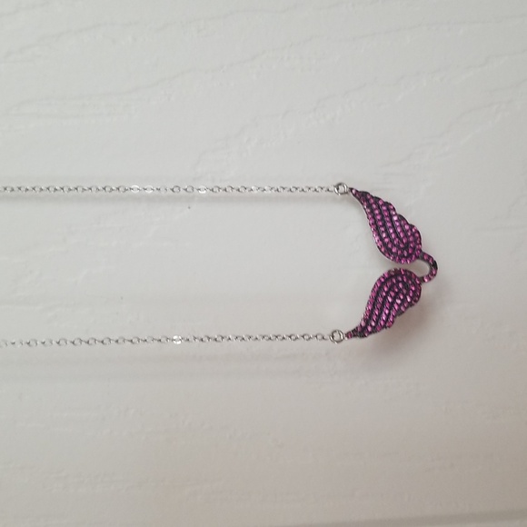 Sterling silver & dark pink stones create a lovely Angel Wings necklace! - Picture 5 of 5